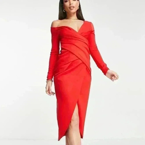 ASOS DESIGN Tall Plus Drop Shoulder Midi Dress with Pleat Detail Red Size 16 - Picture 1 of 10